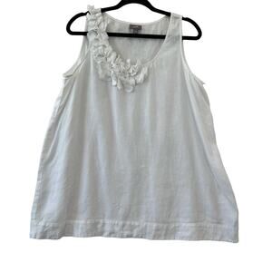 J Jill White 3D Floral V Neck Lagenlook Linen Tank Top Blouse Top Womens Large